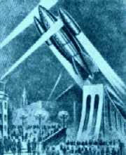 Ракета на старте в городе будущего, как это представляли в 1956 году