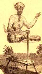 Псевдо-левитация факира с помощью кронштейна, торчащего из скамеечки и
жестко соединенного с корсетом под одеждой